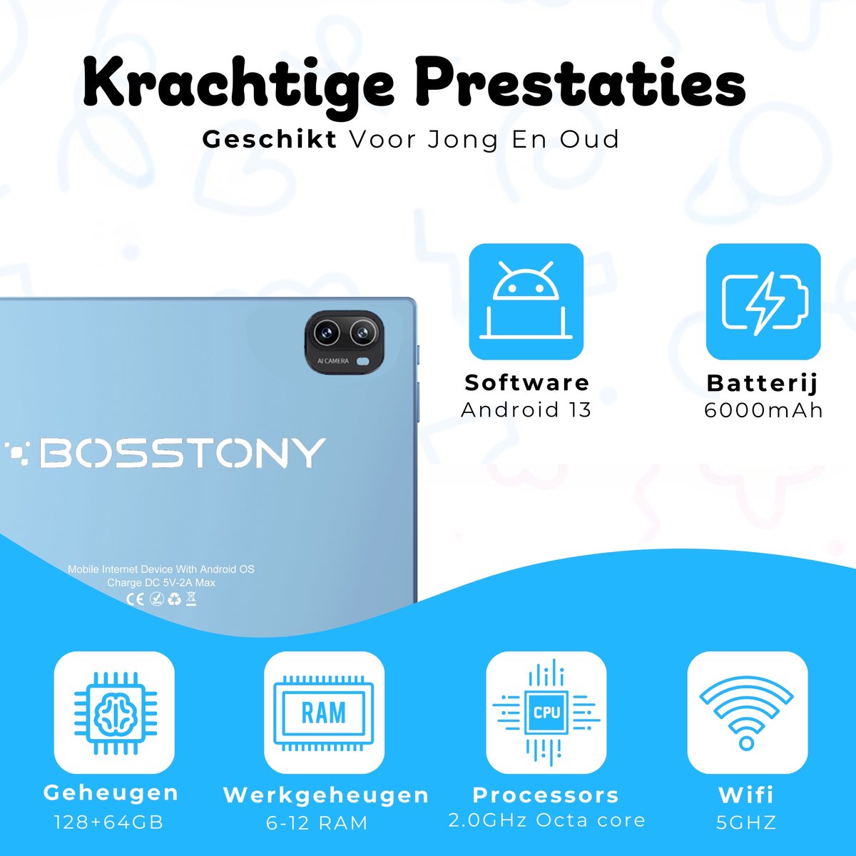 Bosstony Snelle Kids Tablet 10 inch Android 13