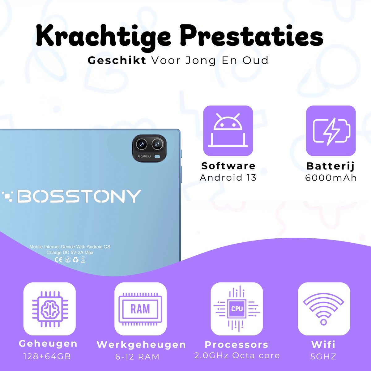 Bosstony Snelle Kids Tablet 10 inch Android 13
