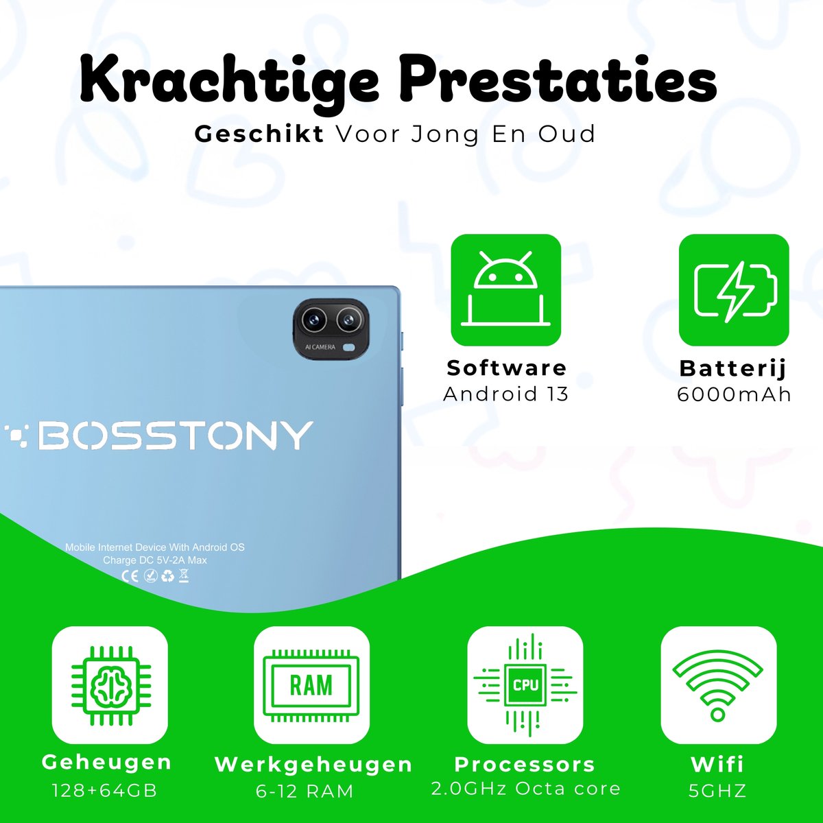Bosstony Snelle Kids Tablet 10 inch Android 13