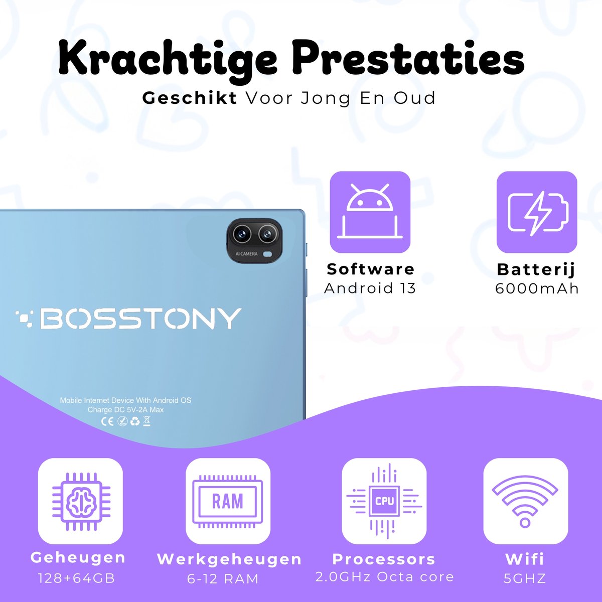 Bosstony Snelle Kids Tablet 10 inch Android 13