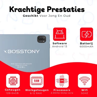 Bosstony Snelle Kindertablet 10 inch Kids Android 13 6GB 192GB