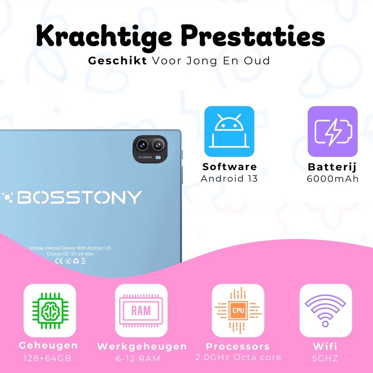 Bosstony Snelle Kindertablet 10 inch Kids Tablet Android 13