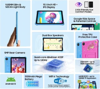 Collox Tablet Kinderen 10.1 inch Android 13 2GB 64GB Blauw