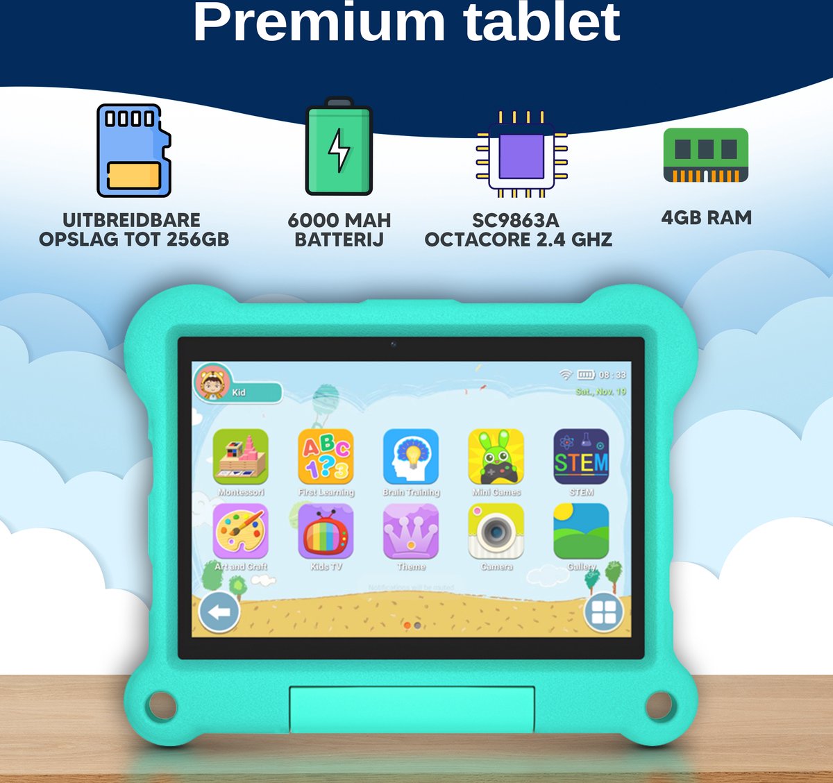 E-Quality Kindertablet 4G Wifi Android 13 4GB 64GB Mintgroen