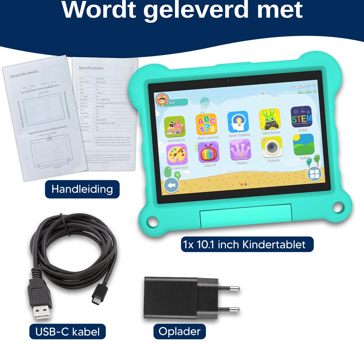 E-Quality Kindertablet 4G Wifi Android 13 4GB 64GB Mintgroen