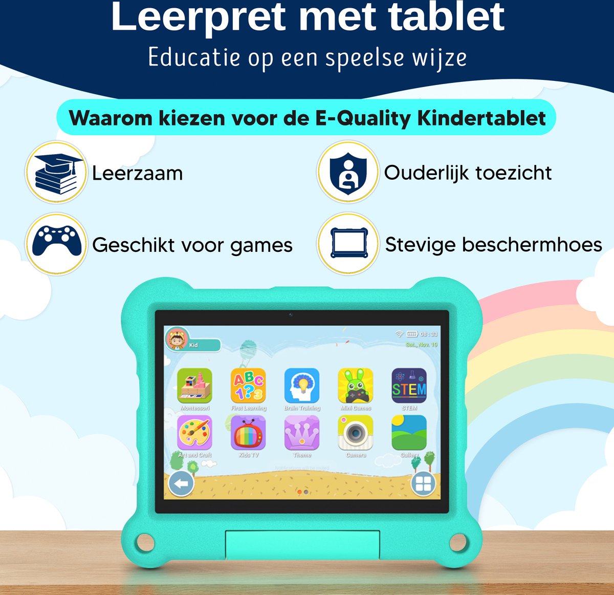 E-Quality Kindertablet 4G Wifi Android 13 4GB 64GB Mintgroen