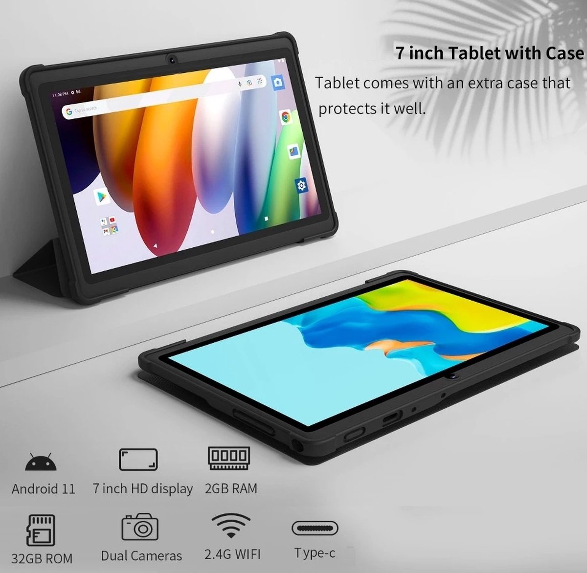 Elementkey K7 Pro 7 Inch Android 11 Tablet 4GB RAM WiFi6 Inclusief Flipcover
