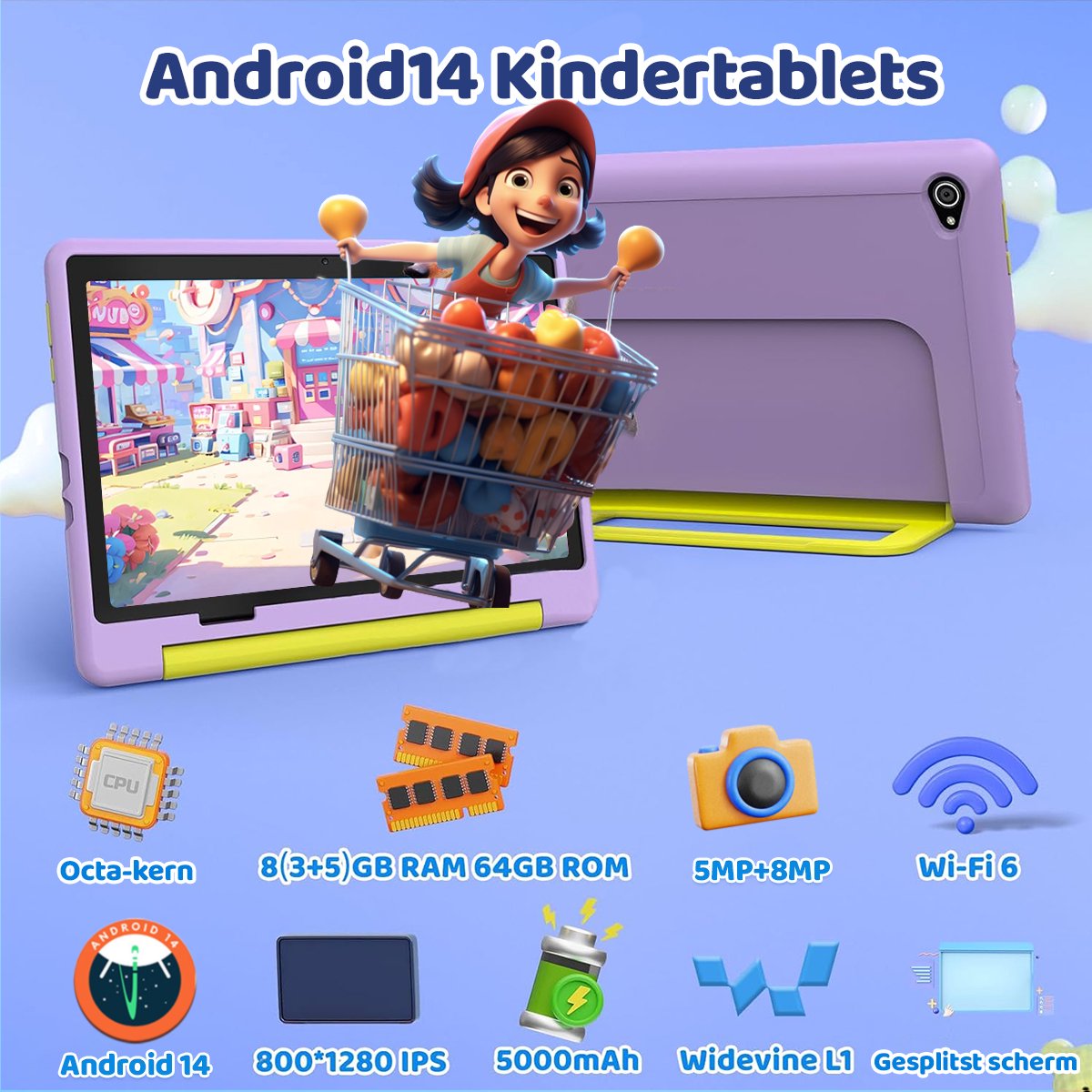 Hotlight KT1016 Android 14 Kindertablet 10.1 inch Paars