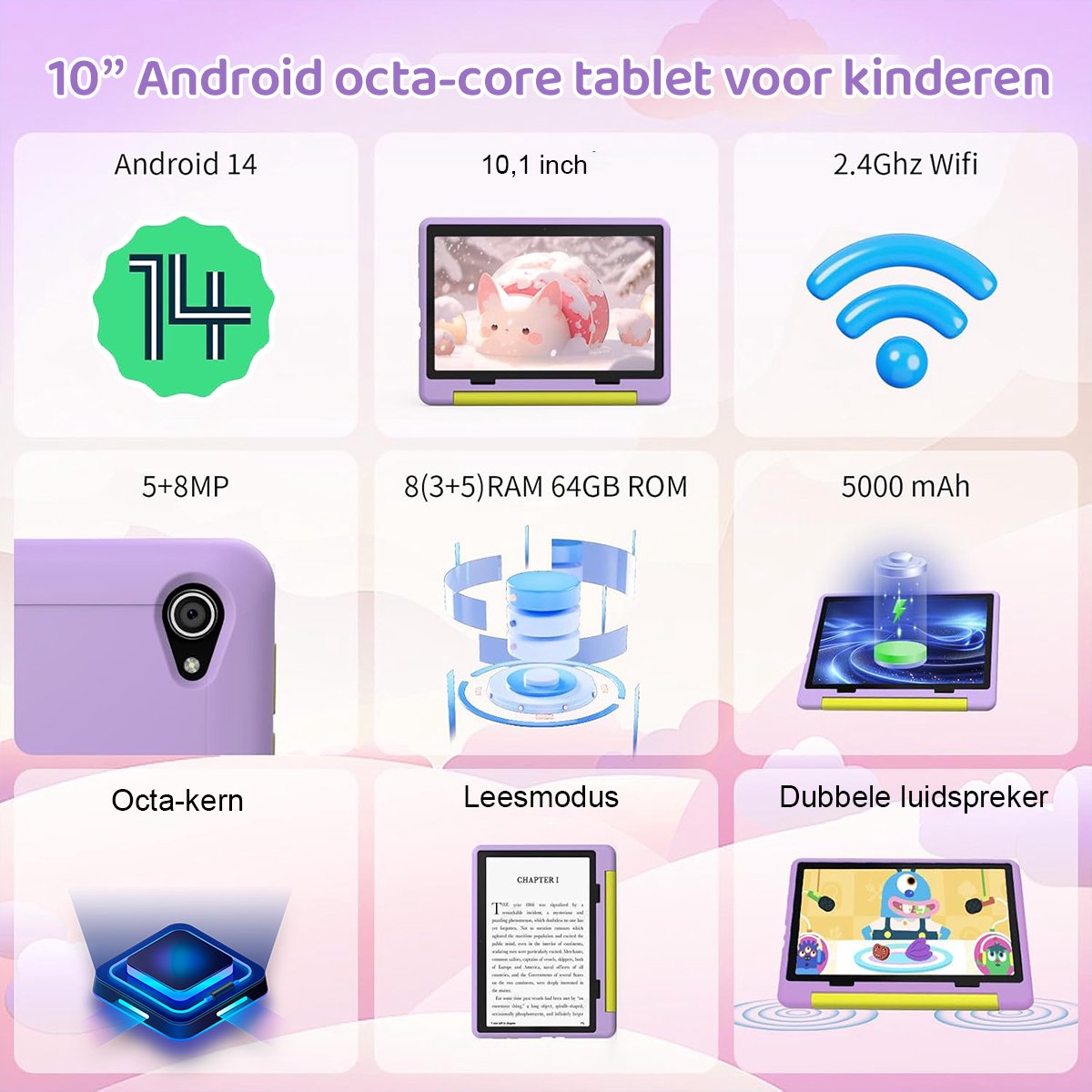 Hotlight KT1016 Android 14 Kindertablet 10.1 inch Paars