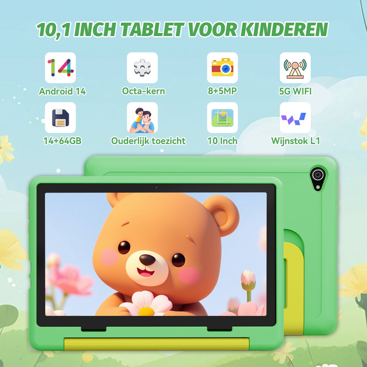 Hotlight KT1028 Android 14 Kindertablet 10.1 inch 3GB+11GB RAM 64GB Groente