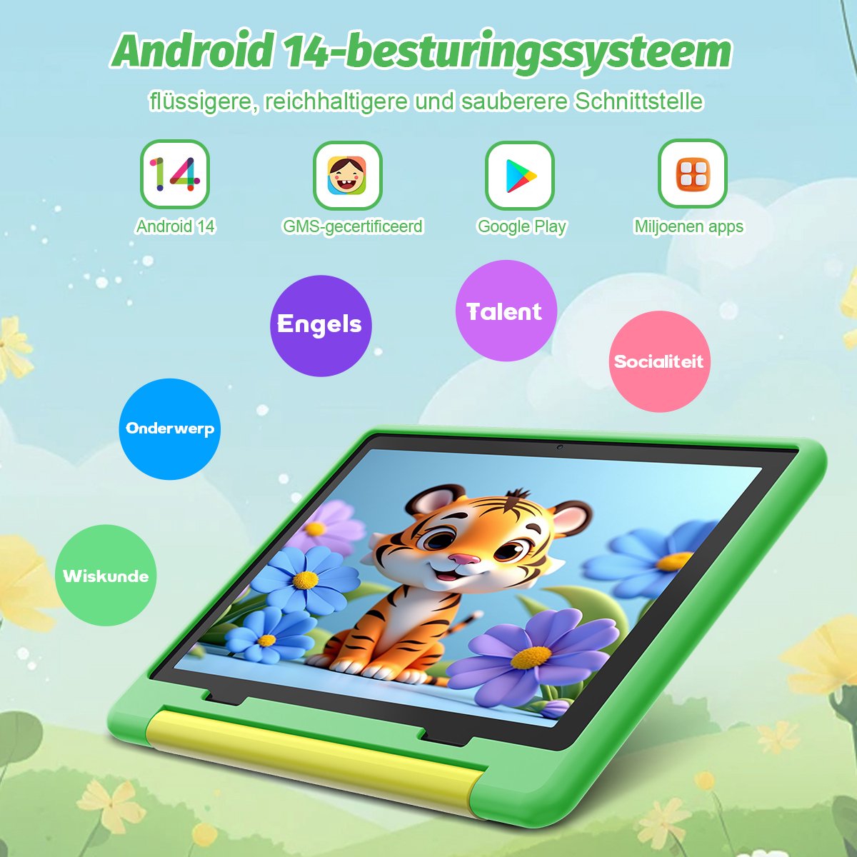Hotlight KT1028 Android 14 Kindertablet 10.1 inch 3GB+11GB RAM 64GB Groente