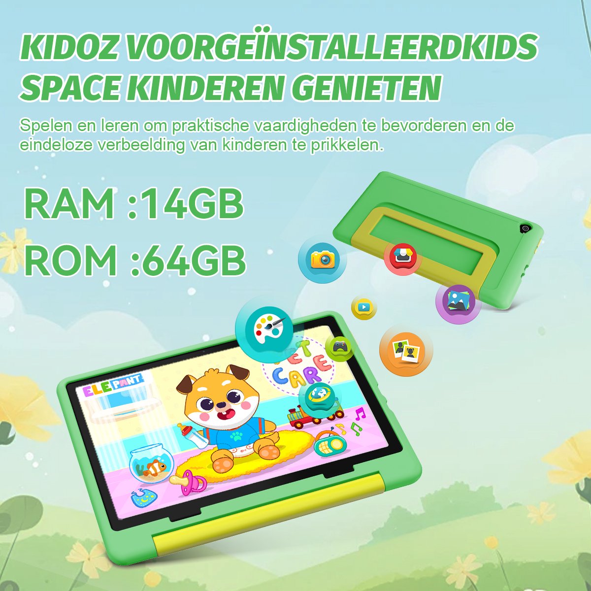 Hotlight KT1028 Android 14 Kindertablet 10.1 inch 3GB+11GB RAM 64GB Groente