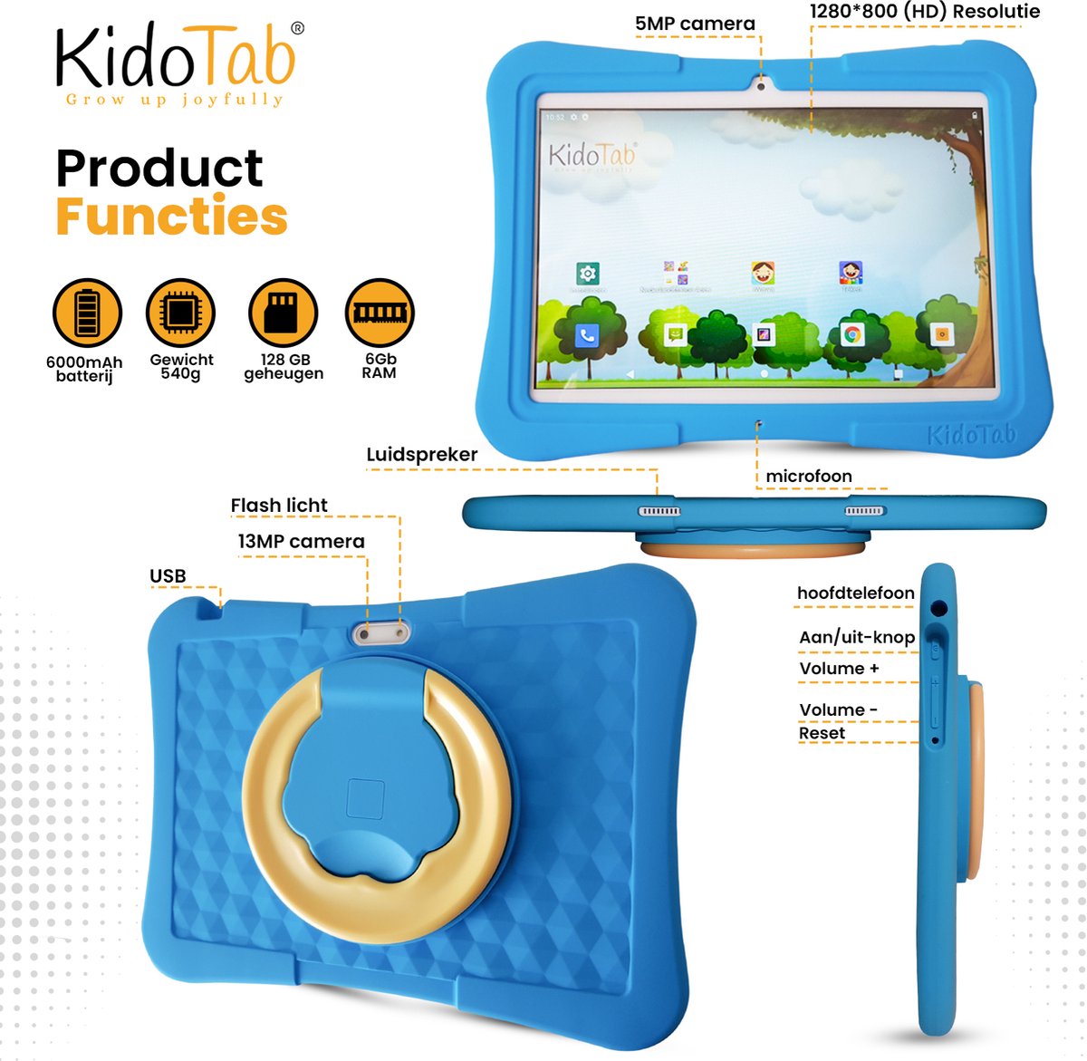 KidoTab Kinder Tablet 10 Inch Blauw 128GB 6GB RAM