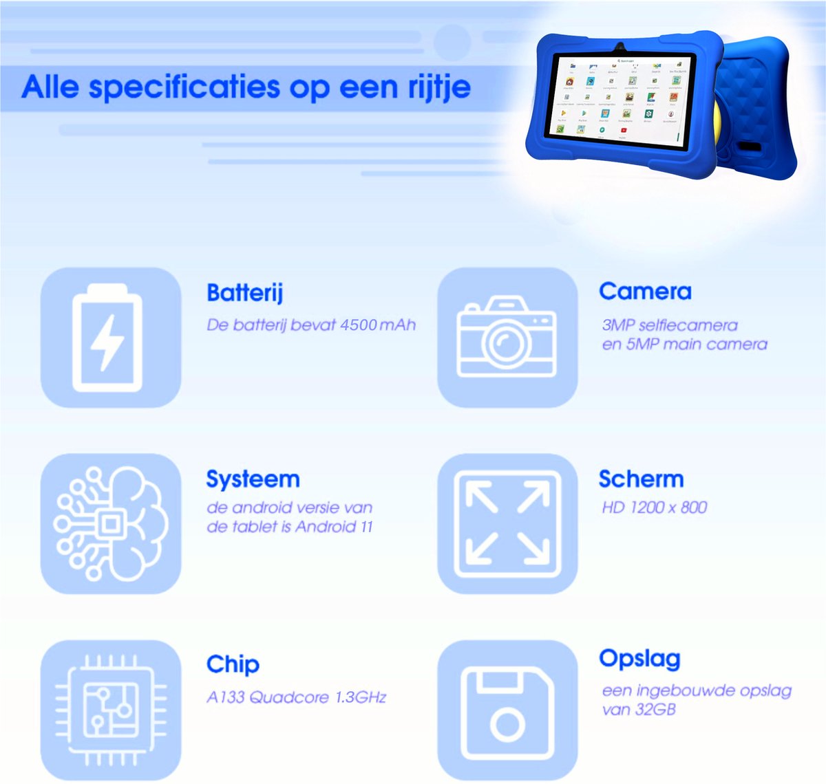 Kindertablet 7 Inch 32GB Blauw Android 11