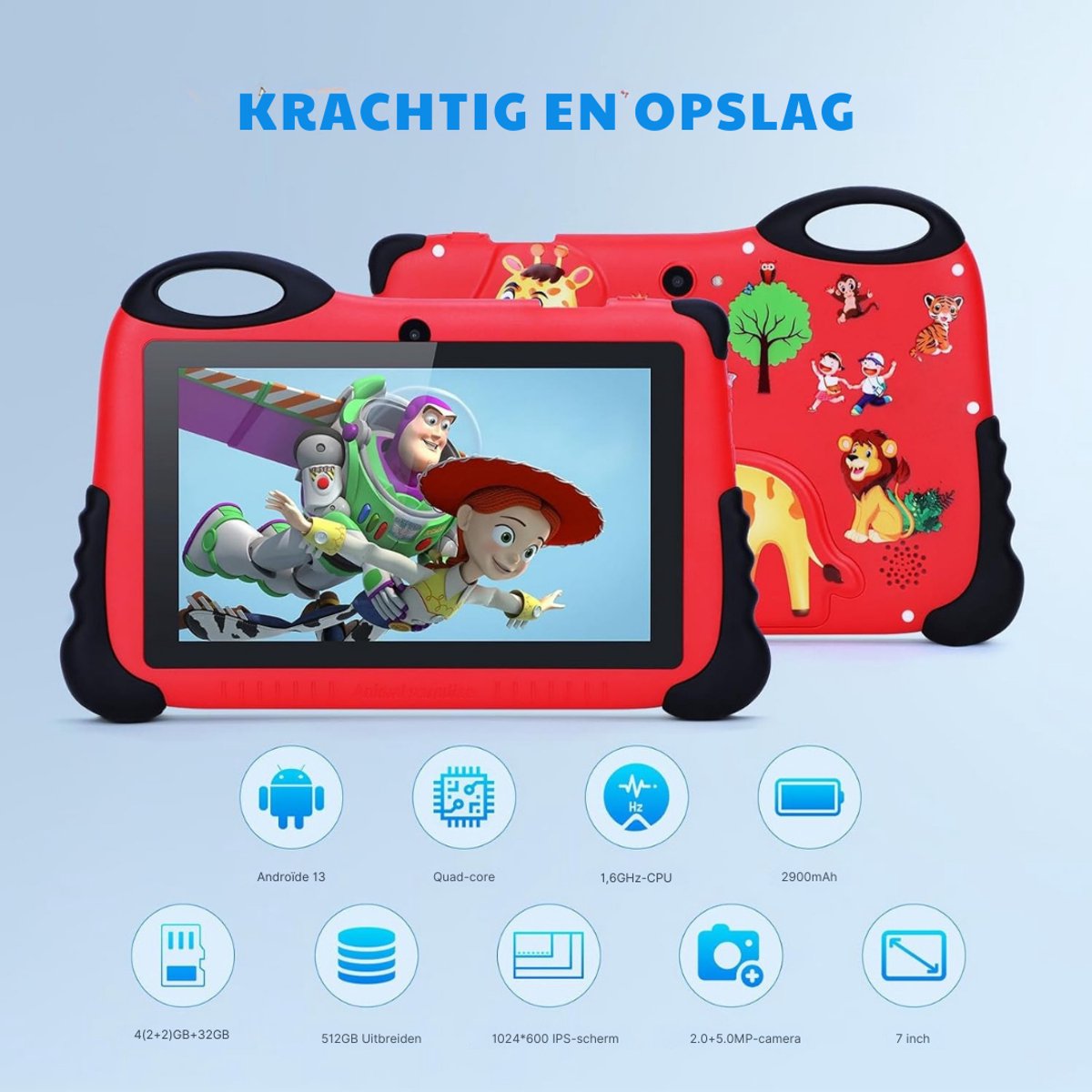 Kindertablet Rood Android 13 met Beschermhoes