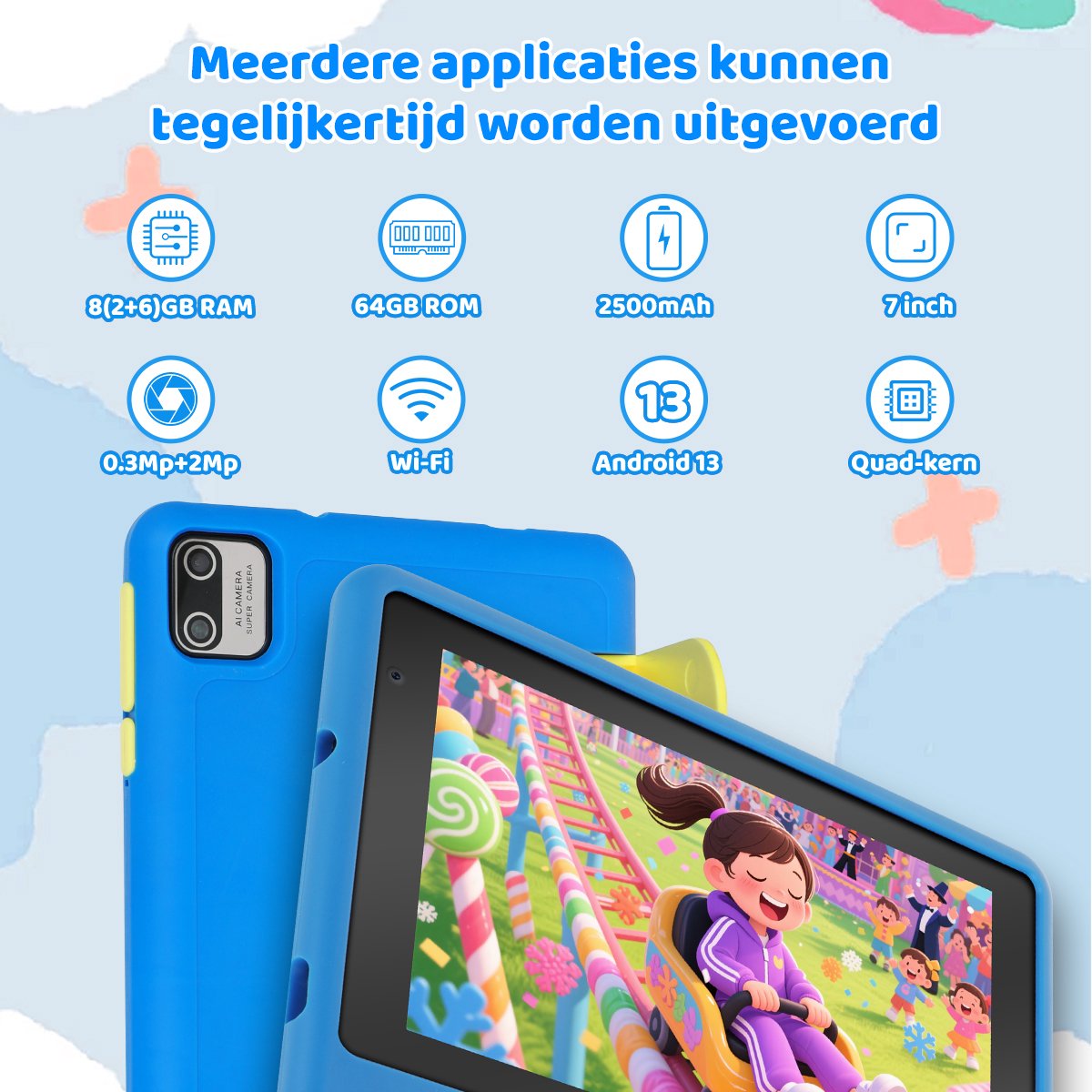 kotsren KT1018 Android 13 kindertablet 7 inch blauw