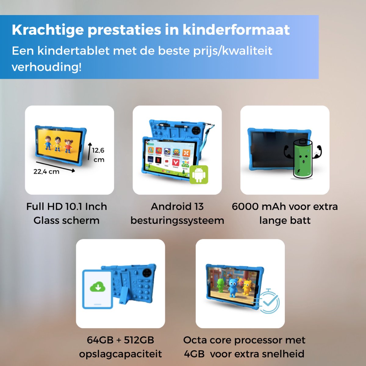KYCE Kindertablet 10.1 Inch Android 13 Roze