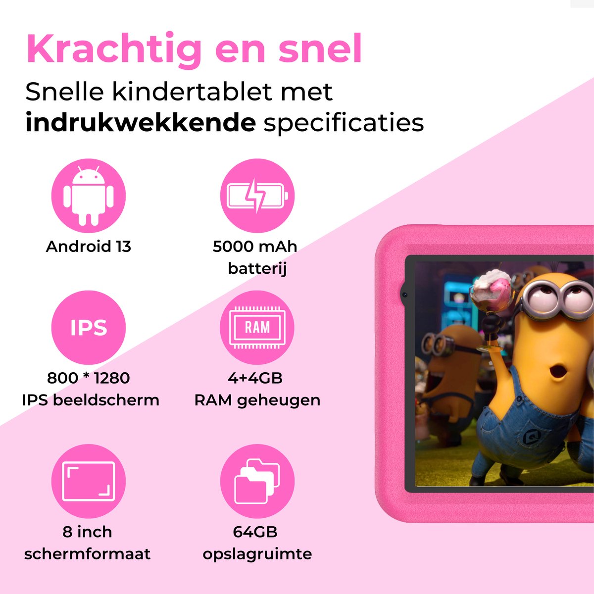 Naevy Kindertablet 8 inch 4+4GB 64GB roze hoes