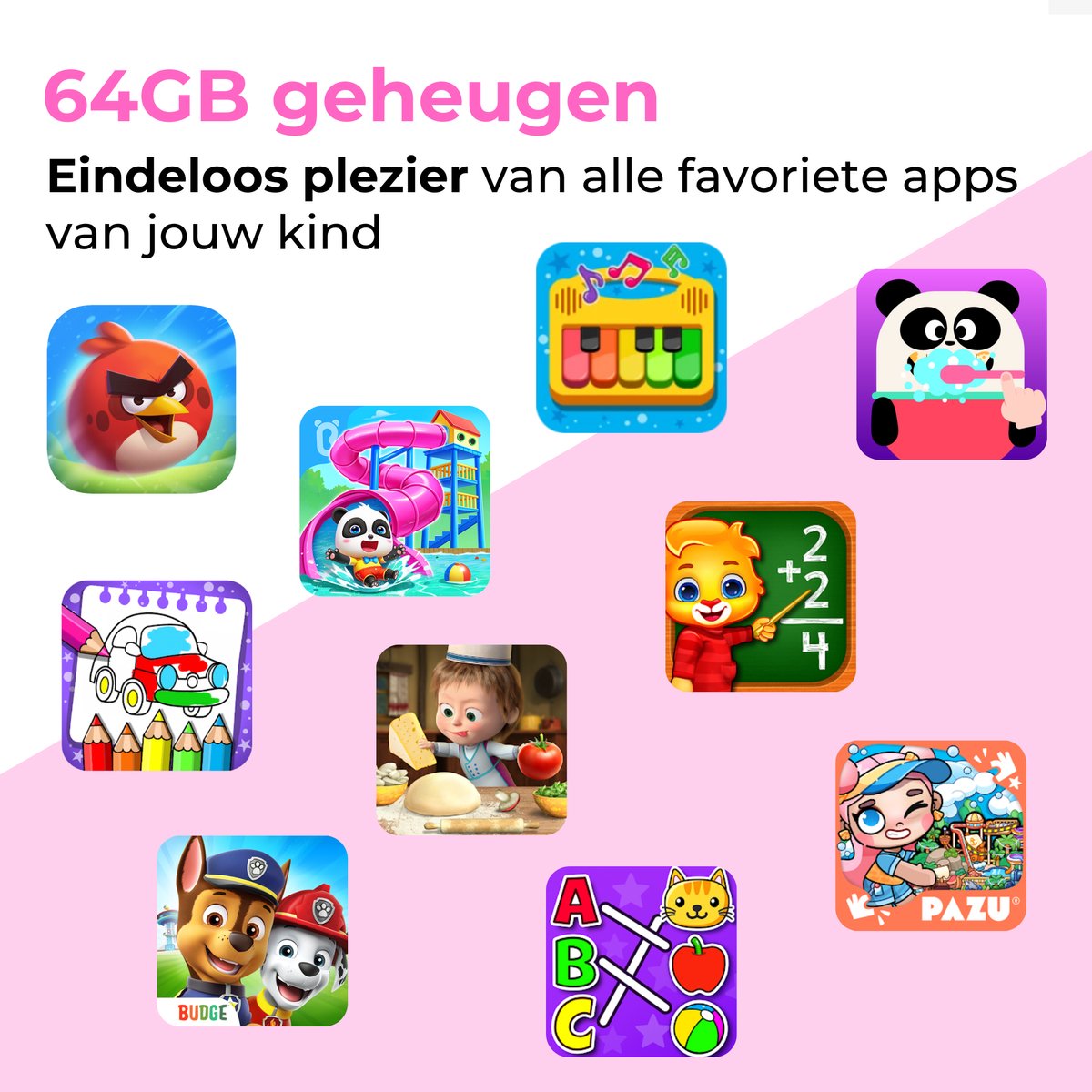Naevy Kindertablet 8 inch 4+4GB 64GB roze hoes