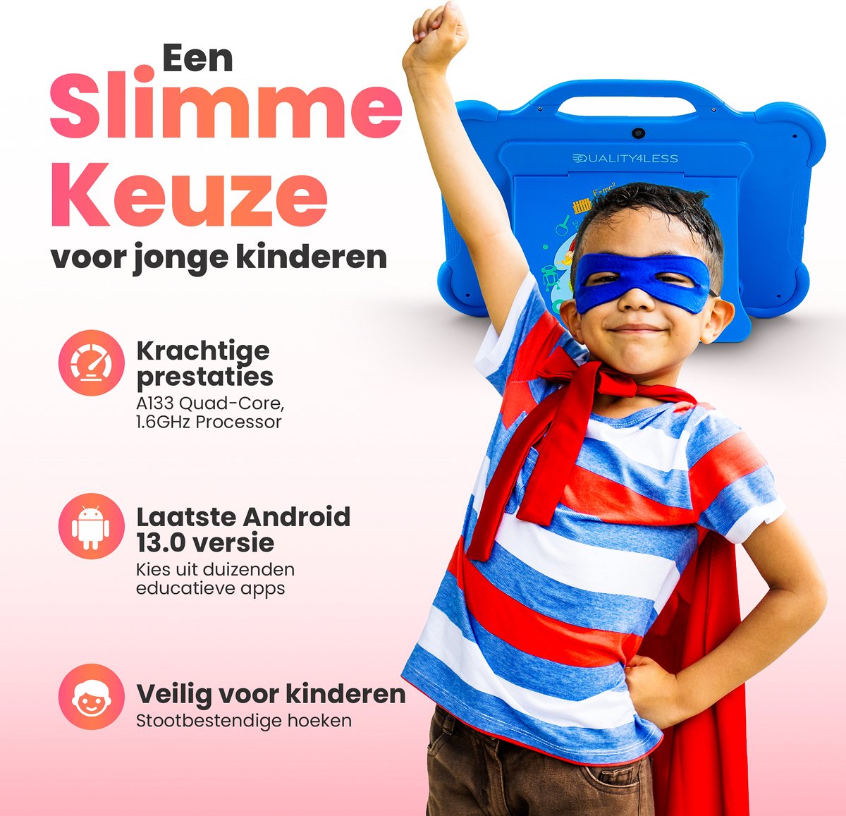 Quality4Less™ Kindertablet 10.1 inch Blauw Android 13.0 64GB