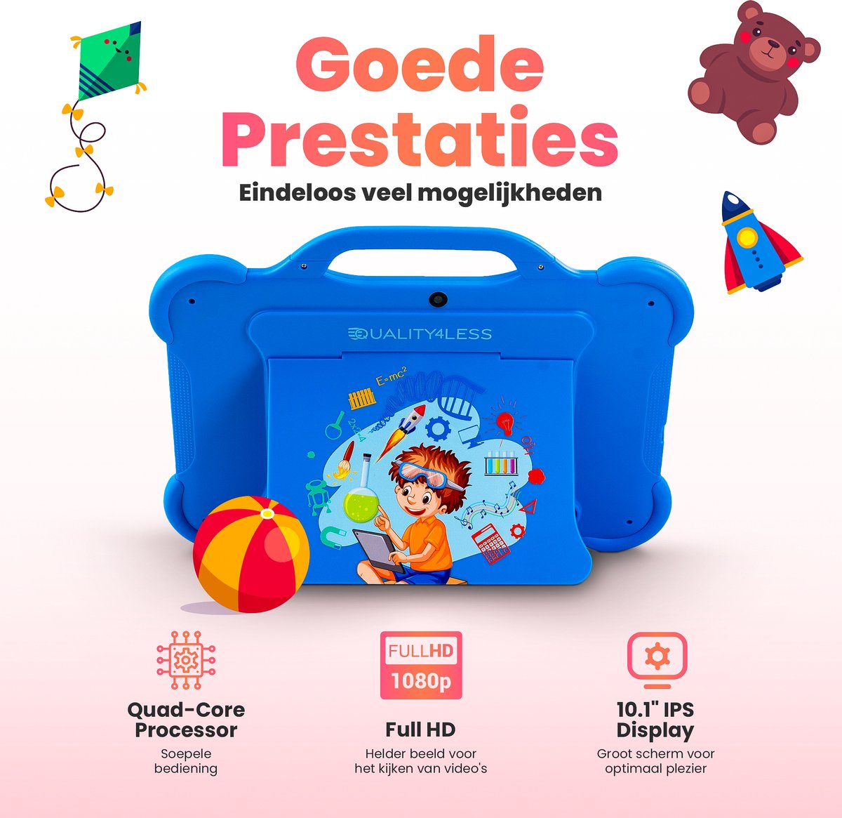 Quality4Less™ Kindertablet 10.1 inch Blauw Android 13.0 64GB