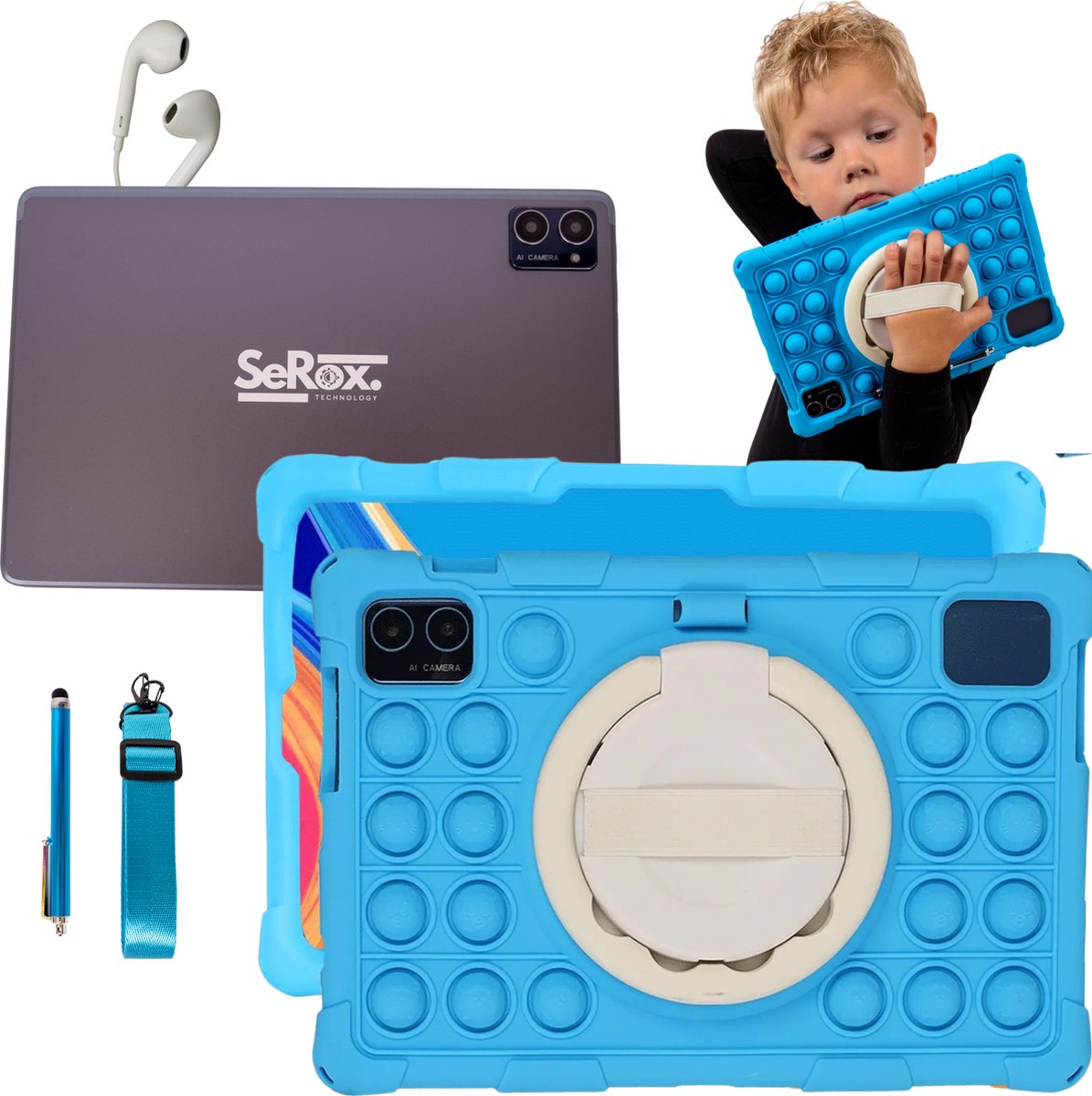 SeRox Technology Kindertablet FHD 10.1 inch Blauw Android 13 128GB 8GB RAM