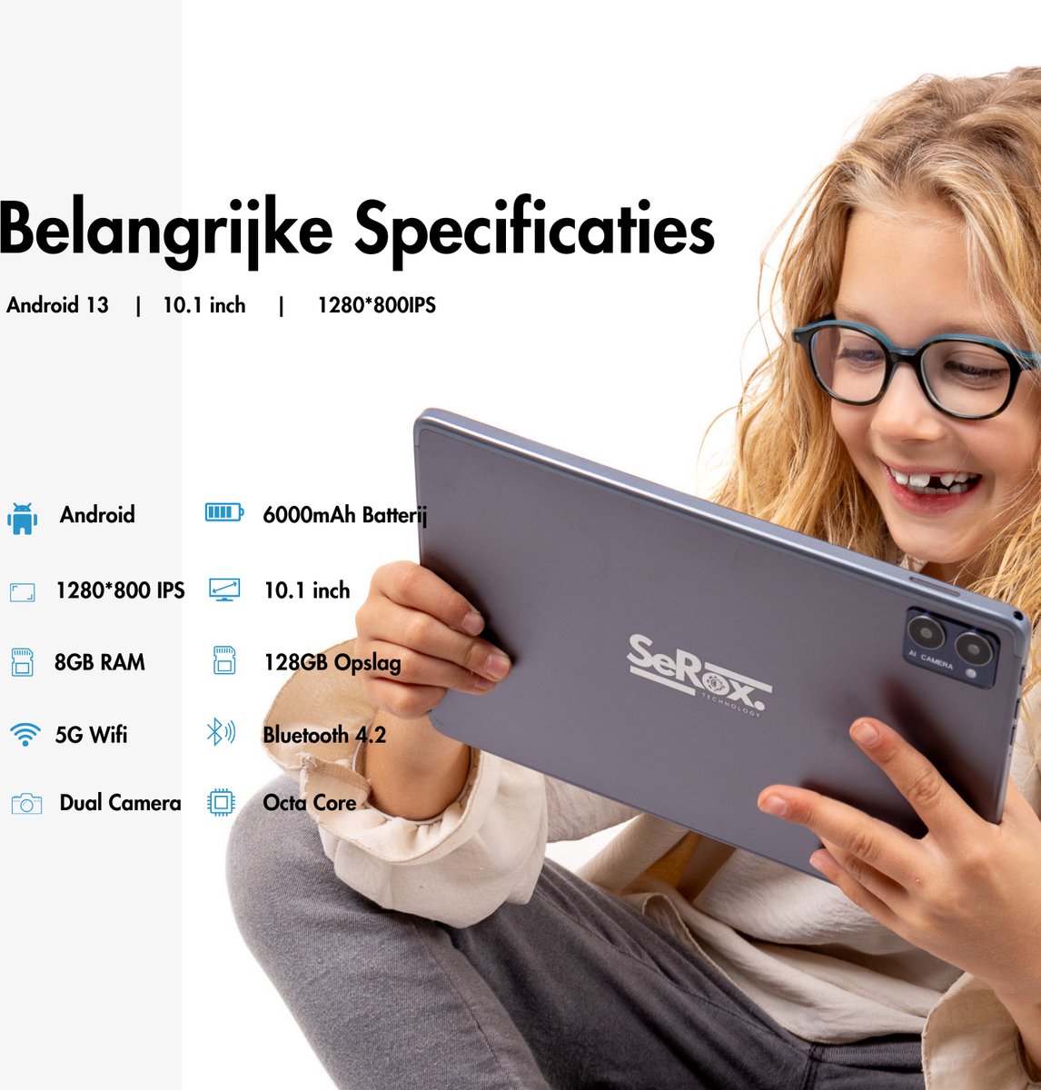 SeRox Technology Kindertablet FHD 10.1 inch Blauw Android 13 128GB 8GB RAM
