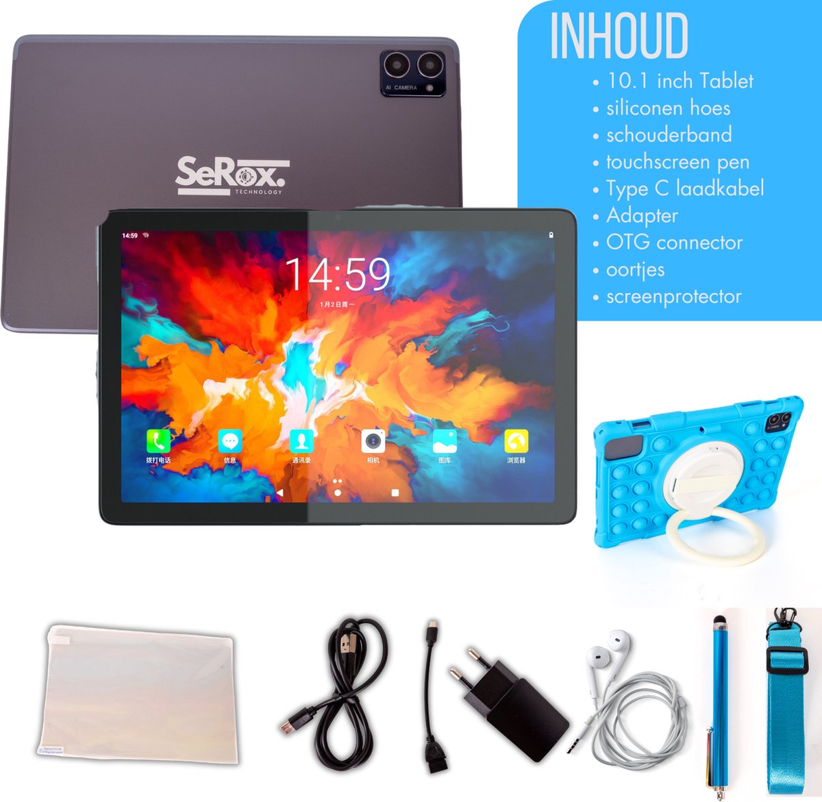 SeRox Technology Kindertablet FHD 10.1 inch Blauw Android 13 128GB 8GB RAM