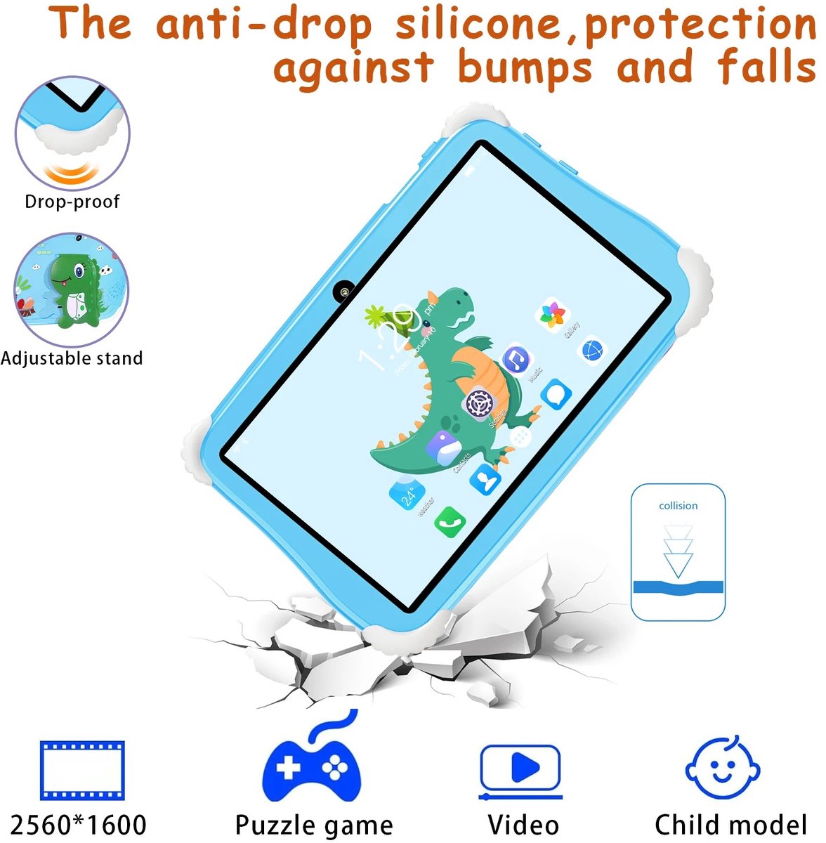 Stemily Kindertablet 7 inch 10-Core 8GB RAM 256GB ROM Blauwe Walvis
