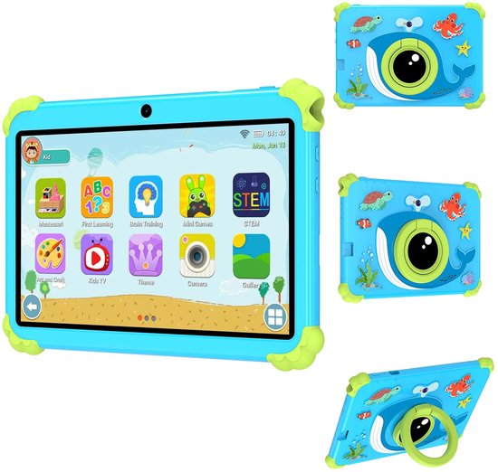 Stemily Kindertablet 7 inch 10-Core 8GB RAM 256GB ROM Blauwe Walvis