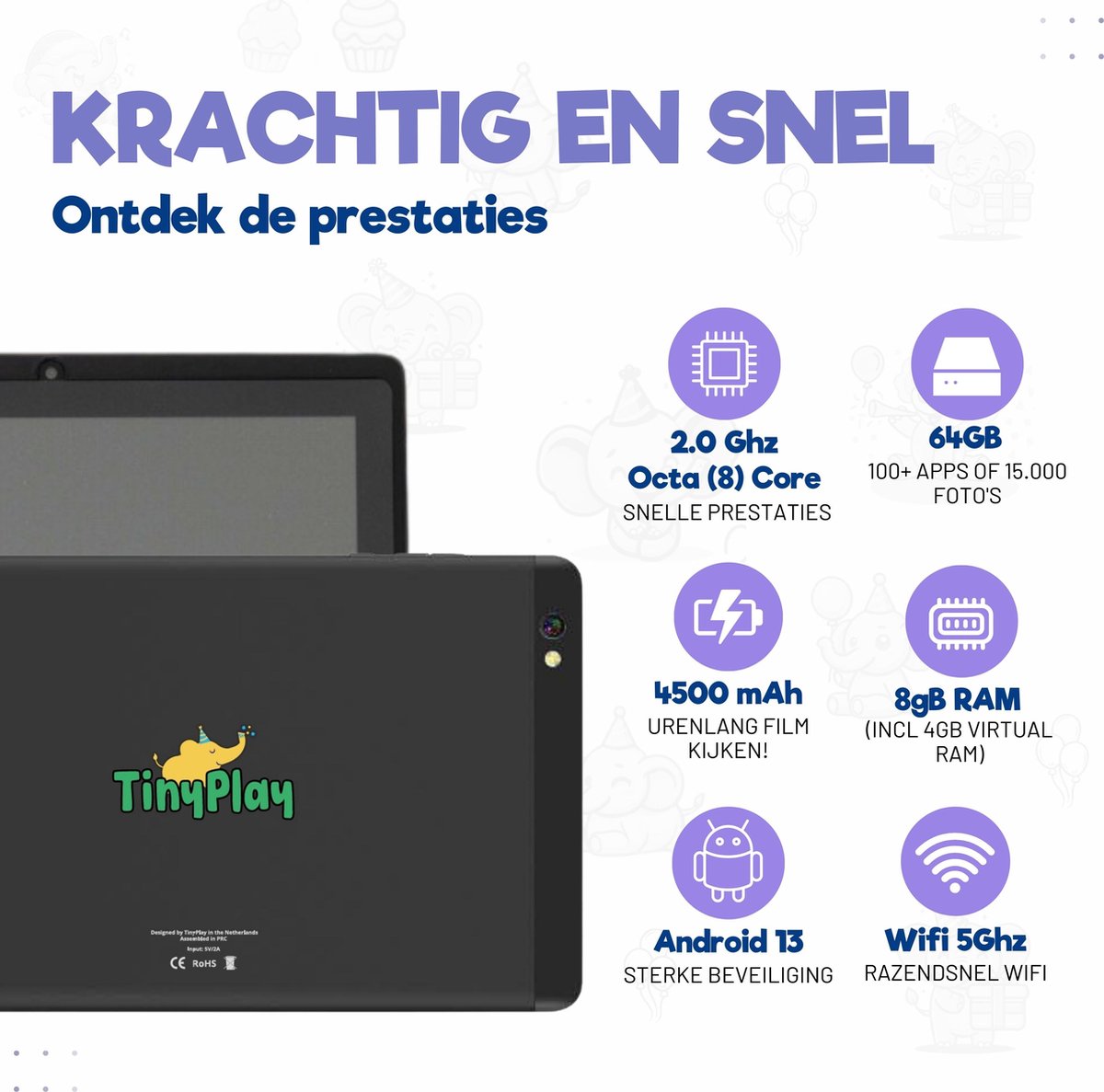 TinyPlay Giga kindertablet 8 inch paars 64GB