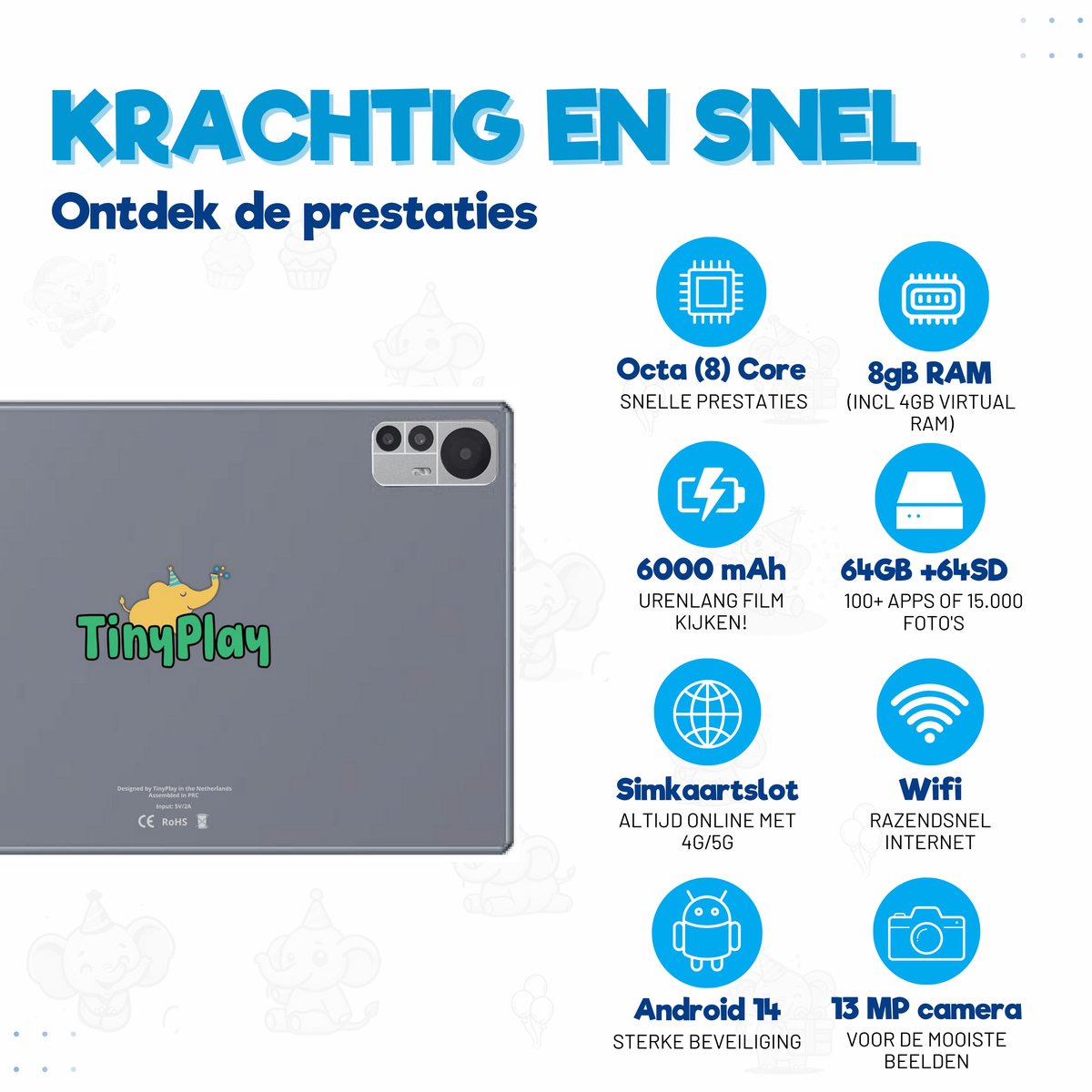 TinyPlay Maxi V2 kindertablet 10 inch blauw 64GB Android 14