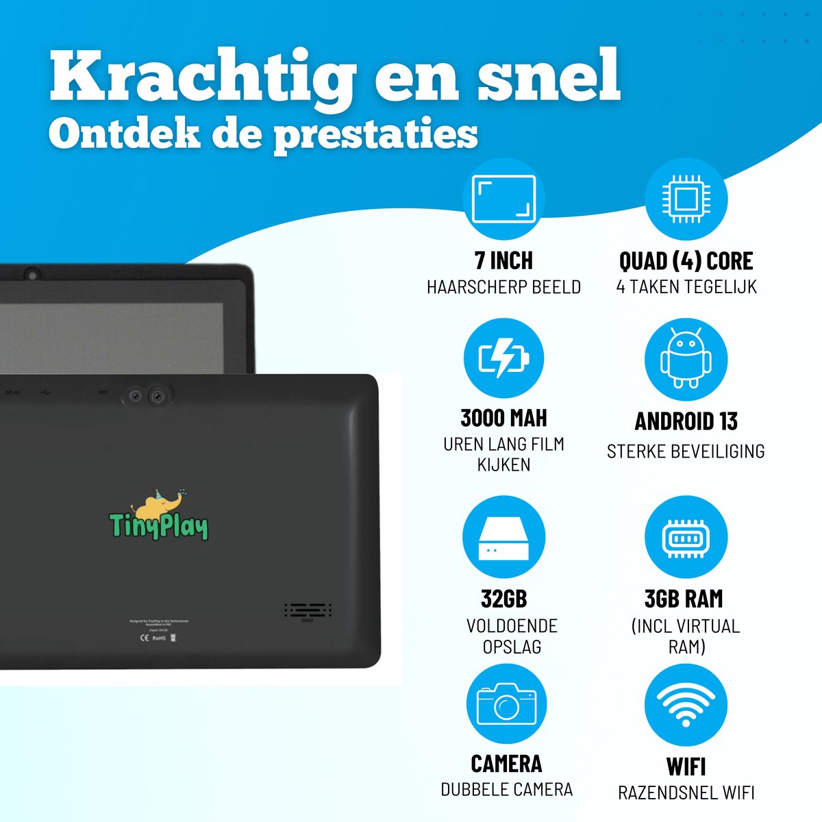 TinyPlay Mini 7 inch kindertablet blauw
