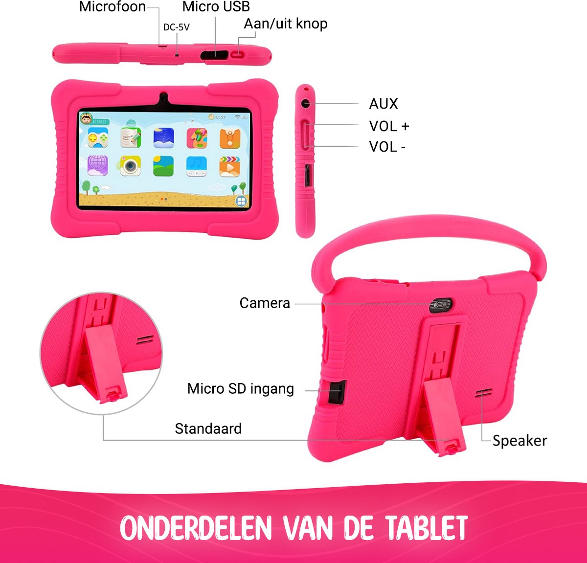 ZINLY® Kindertablet 7 inch Android 10 Roze