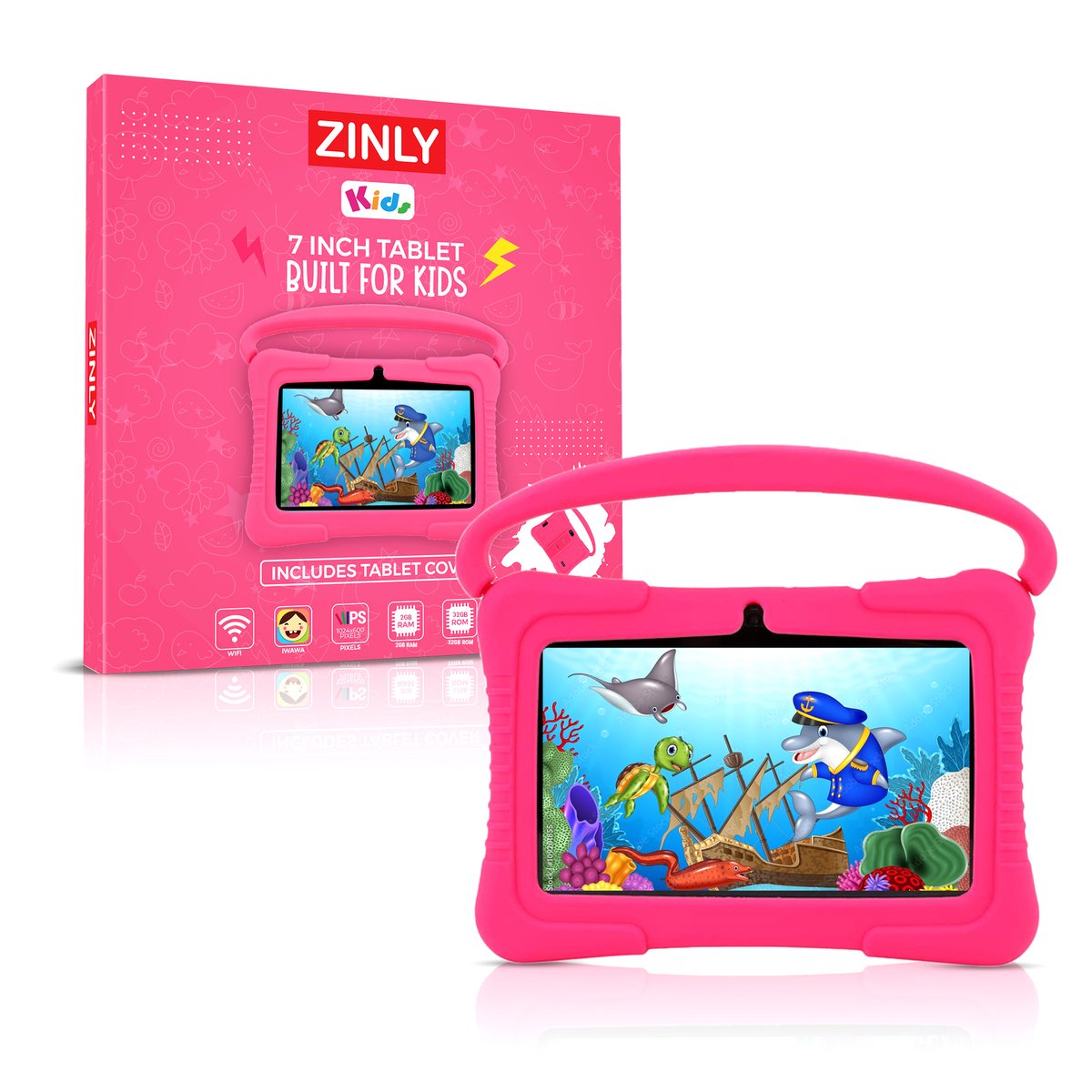 ZINLY® Kindertablet 7 inch Android 10 Roze