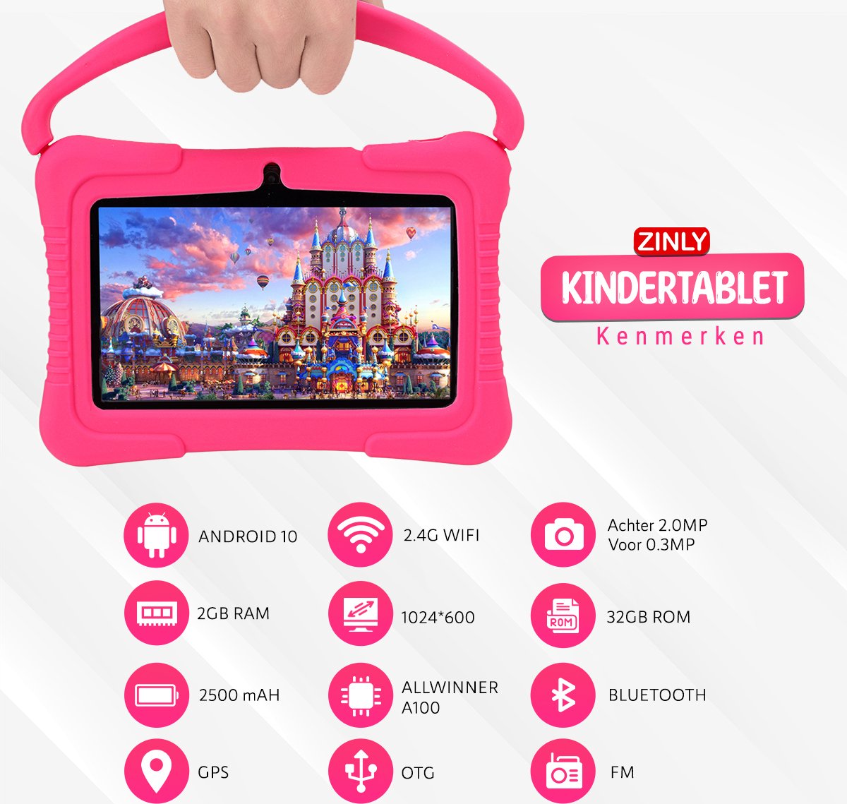 ZINLY® Kindertablet 7 inch Android 10 Roze