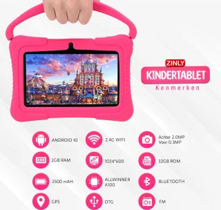 ZINLY® Kindertablet 7 inch Android 10 Roze