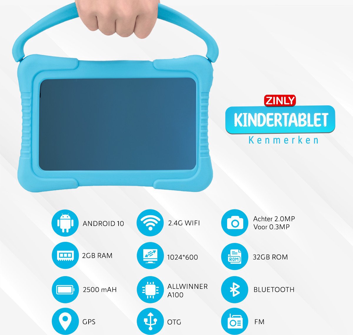 ZINLY Kindertablet 7 inch Blauw