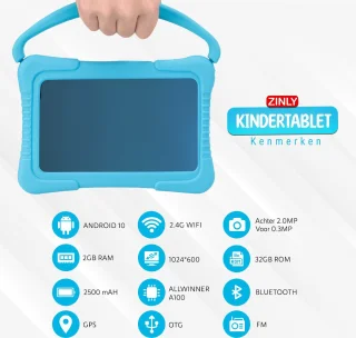 ZINLY Kindertablet 7 inch Blauw