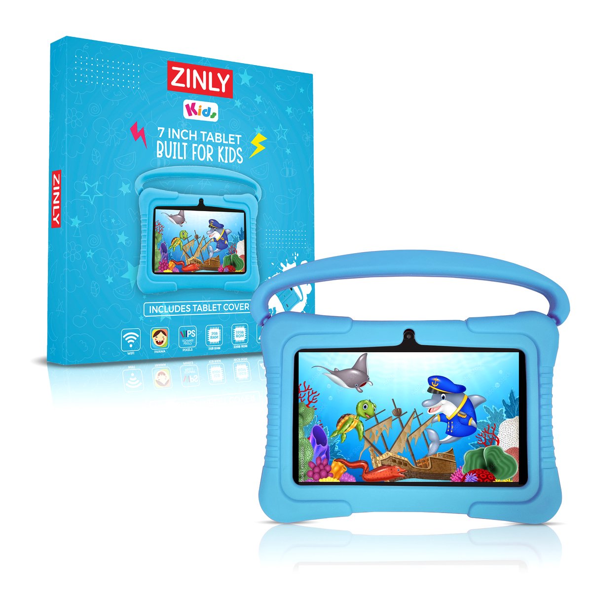 ZINLY Kindertablet 7 inch Blauw