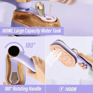 Reisstrijkijzer, 1400W 2-in-1 reisstomer voor kleding, 220-240V draagbaar stoomstrijkijzer, 10 seconden snel opwarmen, 180 ml afneembare tank, lichtgewicht handheld stomer voor op reis (paars)