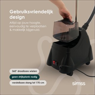 Wat vinden we goed aan de Simss® Prestige - Professionele Verticale Kledingstomer met Kledinghanger - 2,45L Waterreservoir - 2000W Inclusief Warmtebestendige Handschoen - Mat - Beige