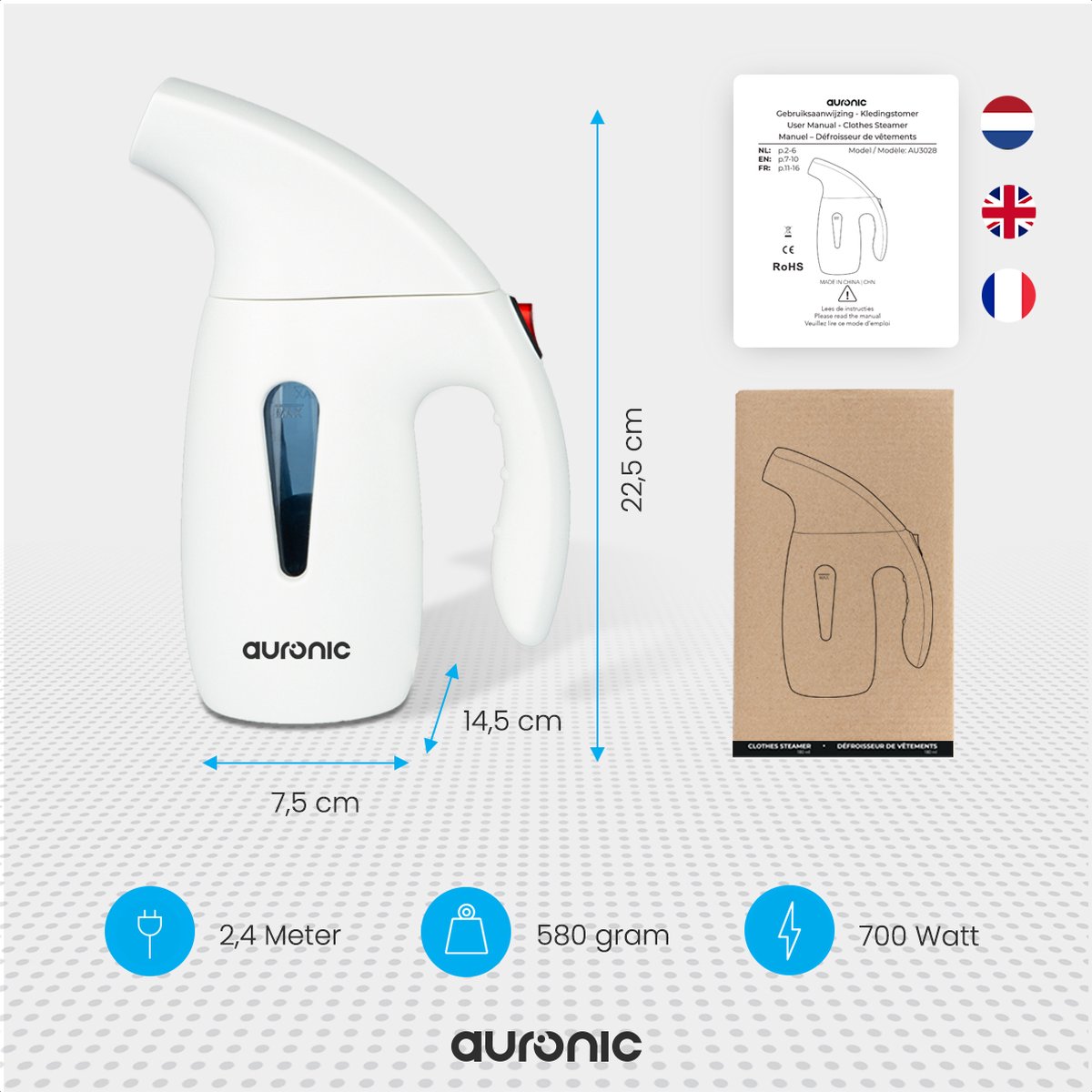 Auronic Kledingstomer Handstomer 180ml Wit