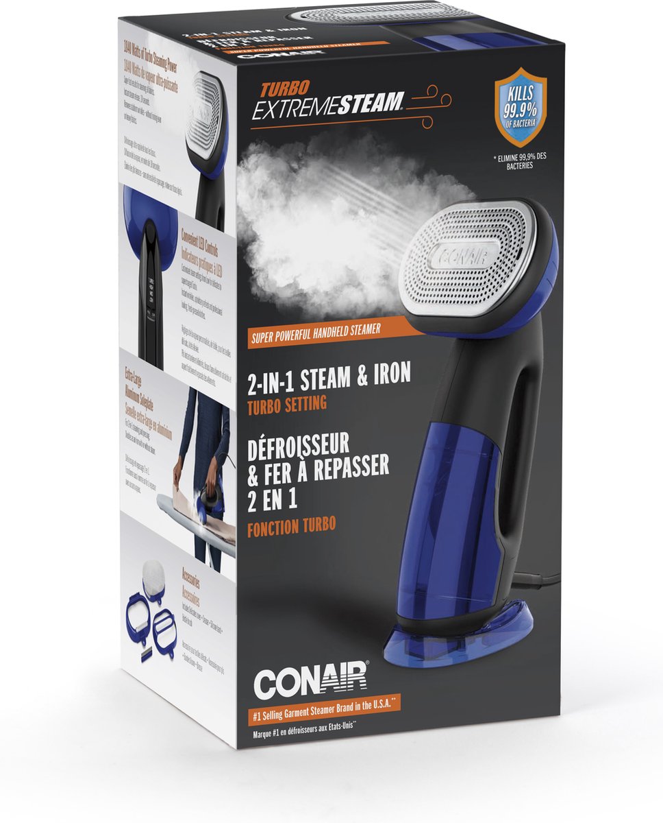 Conair GS108E Handheld Kledingstomer en Strijkijzer Zwart/Blauw