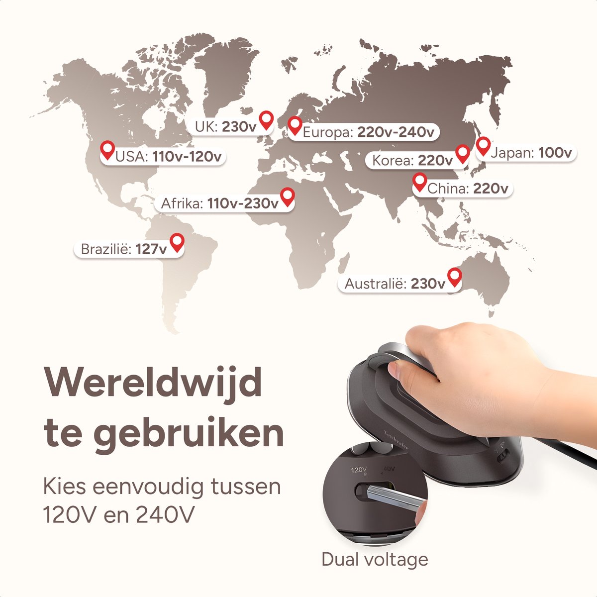 Newbealer Mini Reisstrijkijzer Dual Voltage Bruin/Zilver