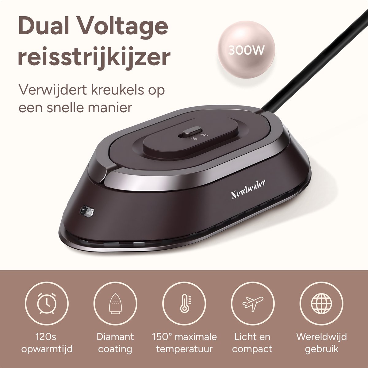 Newbealer Mini Reisstrijkijzer Dual Voltage Bruin/Zilver