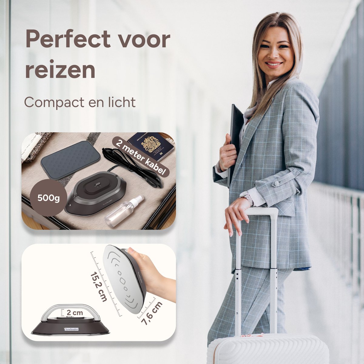 Newbealer Mini Reisstrijkijzer Dual Voltage Bruin/Zilver