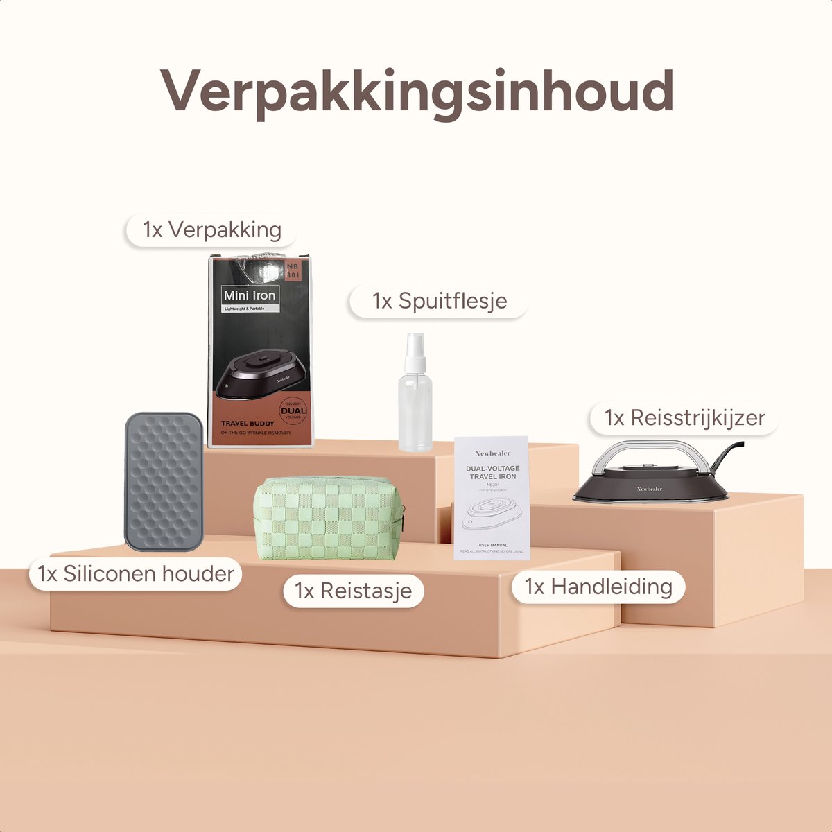 Newbealer Mini Reisstrijkijzer Dual Voltage Bruin/Zilver