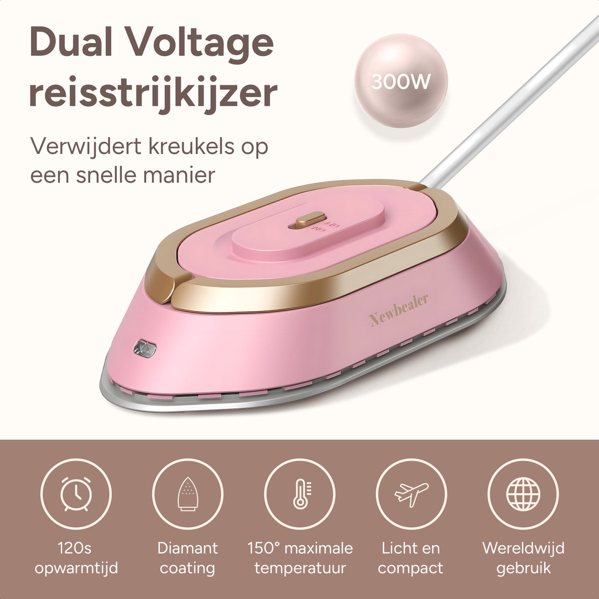 Newbealer Reisstrijkijzer Dual Voltage Mini Roze/Goud