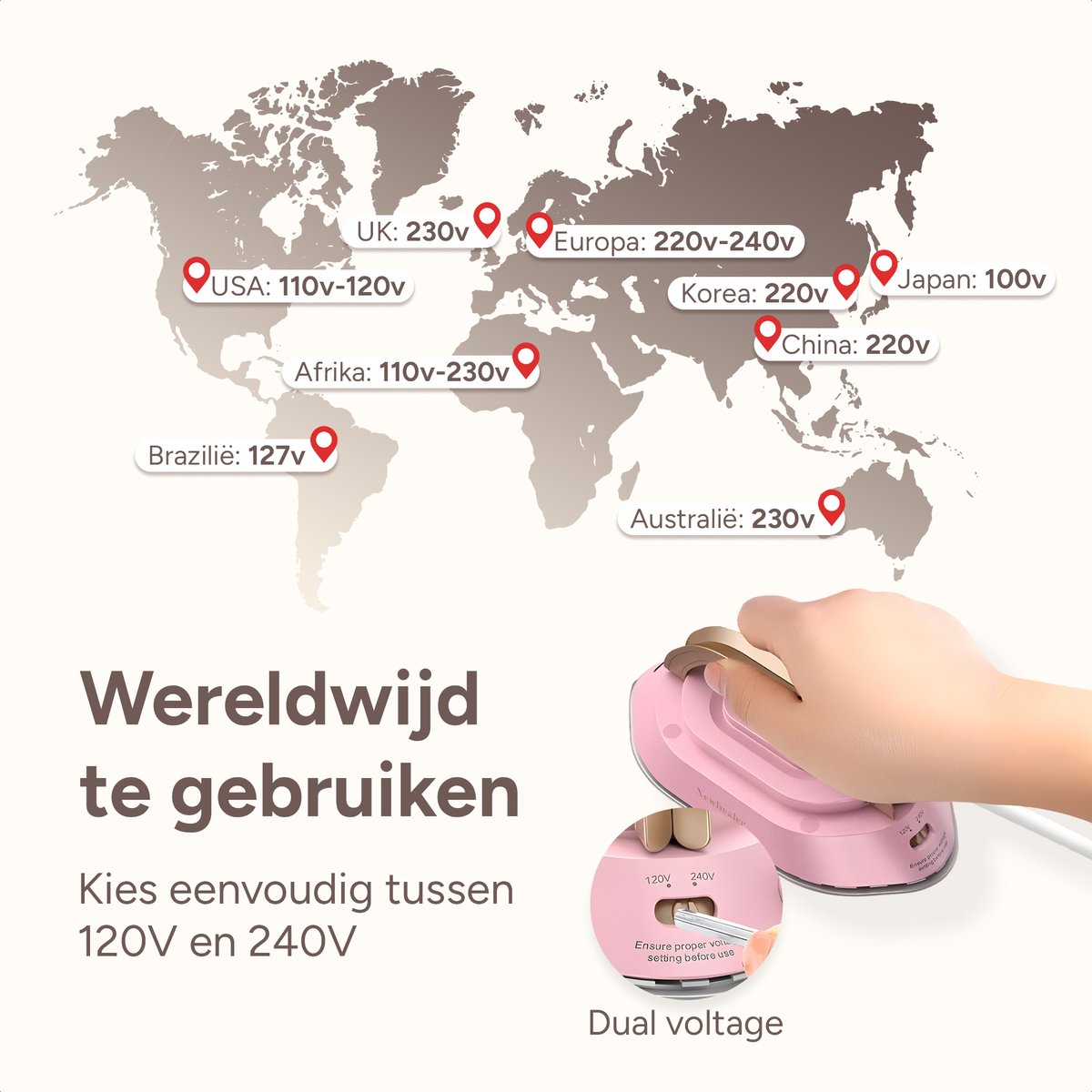 Newbealer Reisstrijkijzer Dual Voltage Mini Roze/Goud